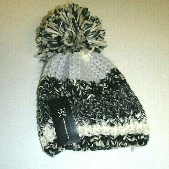 INC International Concepts Accessories - INC International Concepts designer POM black acrylic cable knit beanie SKI hat